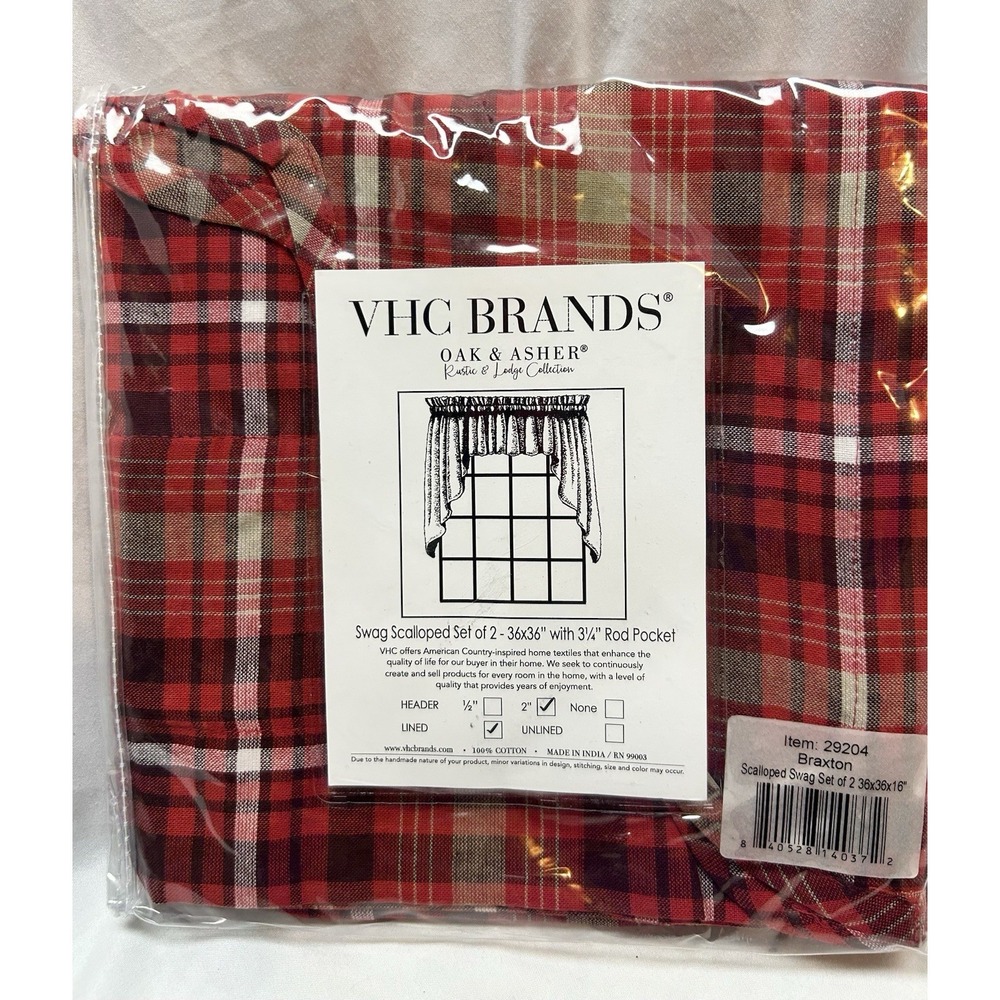 VHC Brands Oak & Asher Scalloped Swag Curtains Set Rustic Lodge Red Plaid New
